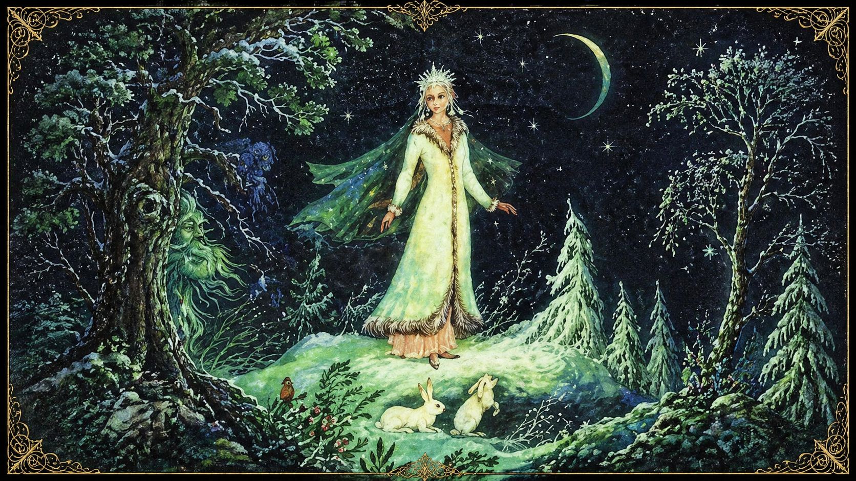 눈 덮인 숲에 선 스네구로치카 일러스트